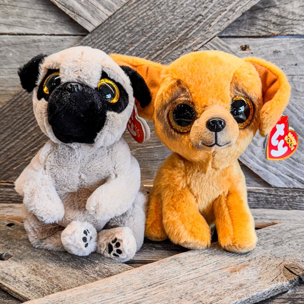 NWT-Pair of 2022 Dog TY Beanie Boos, Izzy the Pug Dog & Zuzu the Tan Dog, 6"